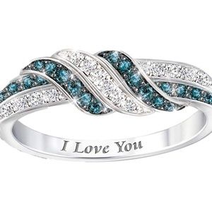 NEW blue, white rhinestone silver tone ring with the inlay “I Love You,” sz 7.5
